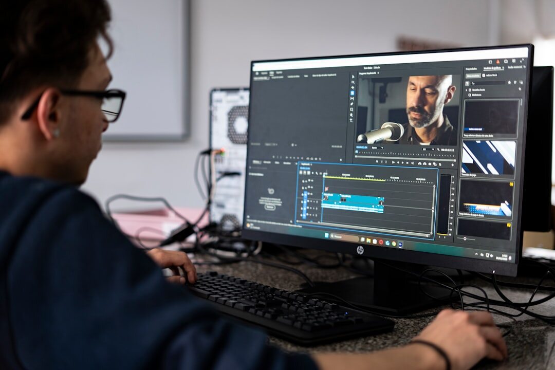 Video editor working on footage at an editing workstation